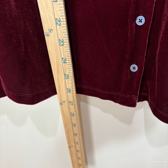 Lands End Red Burgundy Velvet Top Women M Button Front Vneck Soft Comfort Velour - Picture 5 of 7